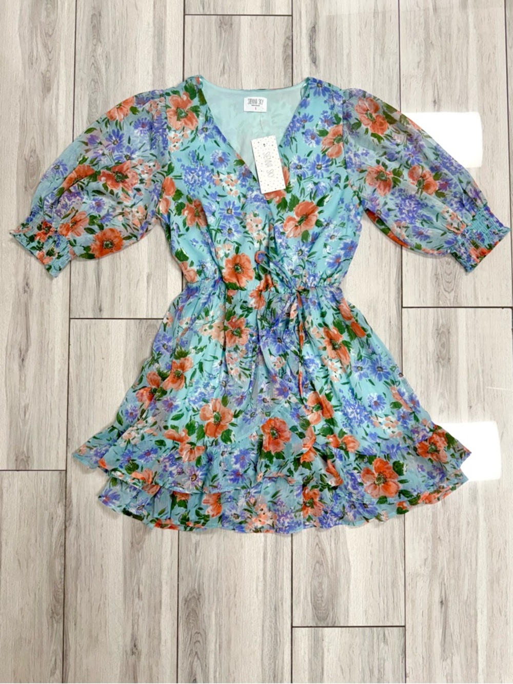 Sienna Sky Mint Floral V-Neck Mini Dress with Coral & Lavender Blooms